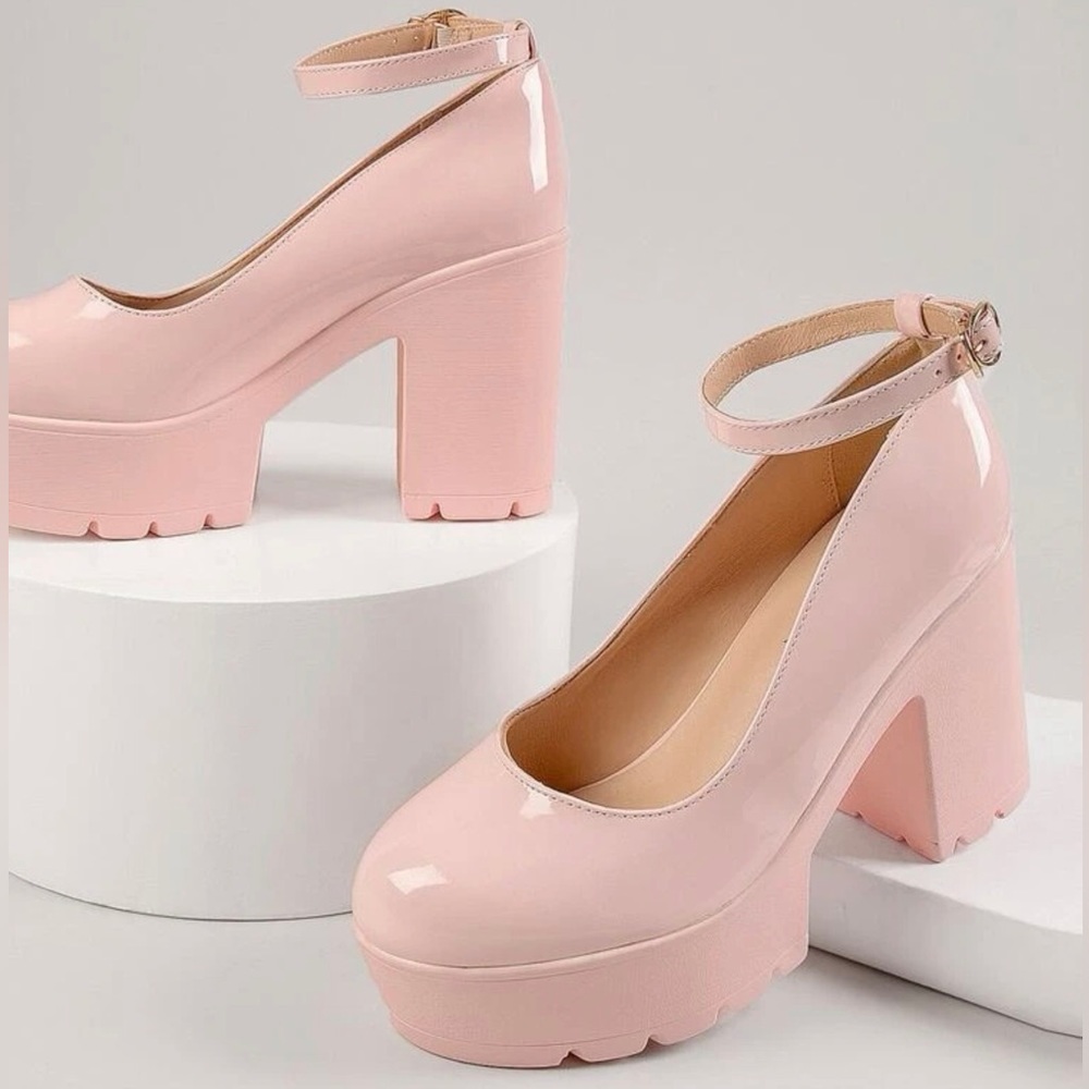 Faux Patent Leather chunky Platform Block Heel, baby pink ankle strap Barbie